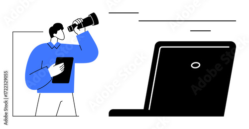 Businessman holding a telescope and tablet, strategizing over a laptop. Ideal for vision, goal setting, innovation, analysis, strategy, planning and future-focused concepts. A simple flat metaphor