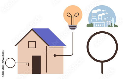 House with light bulb, power plant, magnifying glass, and connecting lines, highlighting energy flow, sustainability, and research. Ideal for energy, sustainability technology research innovation