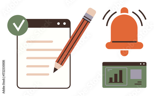 Checklist with green tick and pencil, red notification bell, and data analytics window. Ideal for productivity, reminders, planning, organization, reporting task tracking and focus. Simple flat