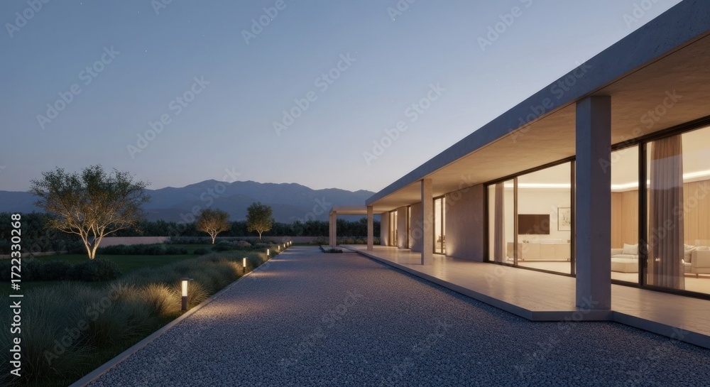 Obraz premium Modern villa exterior at twilight. Spacious, minimalist home with large windows overlooking a tranquil landscape. Ambient lighting highlights the architecture