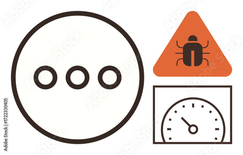 Loading icon, bug alert in triangular sign, speedometer gauge for performance tracking. Ideal for debugging, warnings, errors, diagnostics, coding system alerts performance. Simple flat metaphor