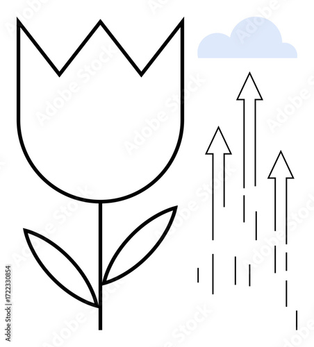 Minimalist flower with leaves, upward arrows suggesting growth and progress, and a cloud. Ideal for nature, growth, progress, sustainability, business development aspirations motivation. Simple