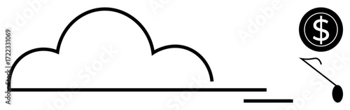 Cloud diagram linked to a dollar sign and a data transfer icon highlighting associated financial aspects. Ideal for technology, cloud services, finances, data storage, IT systems, online economy