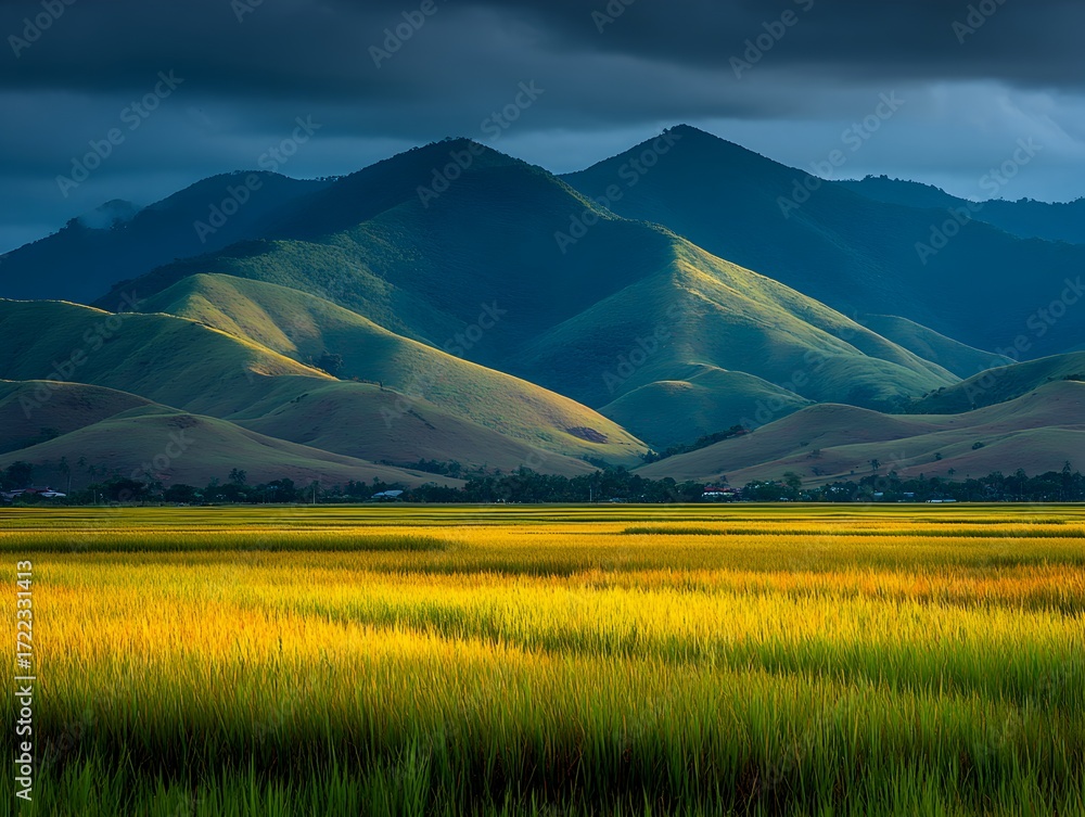 Obraz premium Golden field stretches towards rolling green hills under a dramatic cloudy sky in a scenic landscape.