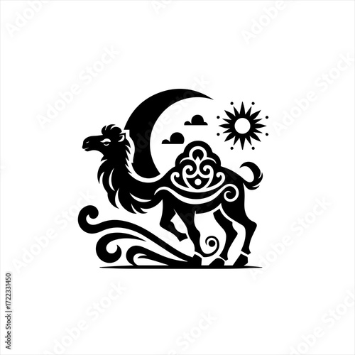 Stylized black camel silhouette under crescent moon and sun