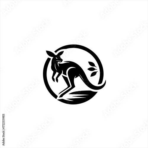 Stylized black kangaroo logo in a circle with leaves