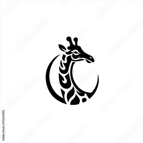 Tribal giraffe head emblem with crescent moon shape