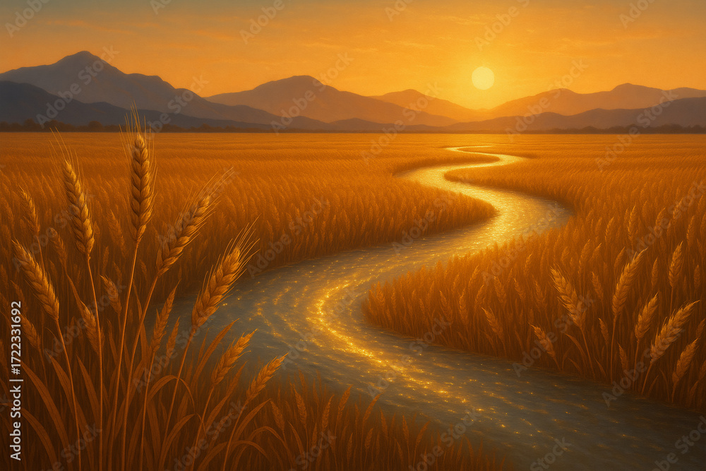 Fototapeta premium Endless Golden Wheat Field with Luminous River