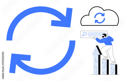Blue circular arrows, cloud sync icon, and a person standing on bar charts holding a search bar. Ideal for technology, cloud computing, data management, growth strategy, innovation, search