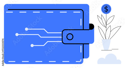 Blue wallet with circuit design and clasp, next to a growing plant with a coin symbol. Ideal for finance, savings, technology, investment, banking, fintech budgeting. A simple flat metaphor