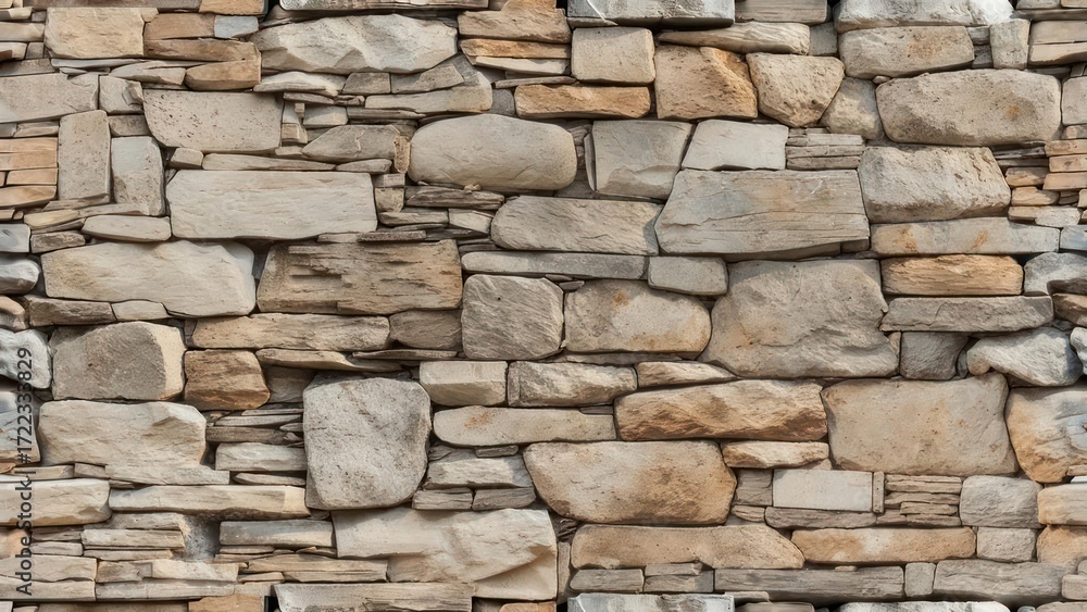 Obraz premium Rustic stone wall creates a warm, inviting atmosphere with natural textures and neutral colors perfect for backgrounds, architecture, or design elements