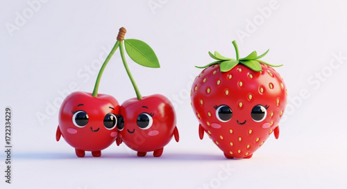 Cute cartoon cherries and a strawberry, digitally rendered, in a loving pose.
