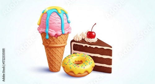 Illustration of a pink ice cream cone with drizzle, a yellow donut, and a slice of chocolate cake with cherry.