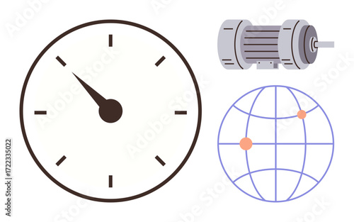 Analog speedometer, cylindrical electric motor, and globe with marked points symbolize speed, energy, global communication, and progress. Ideal for technology, innovation, energy efficiency