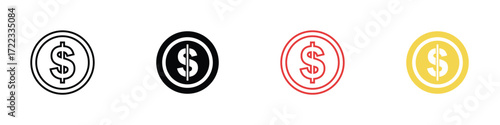 Collection of stylized dollar coin icons in various colors and styles