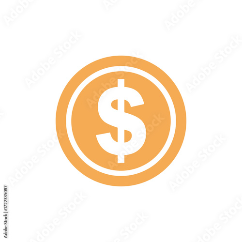 Golden coin with a white dollar sign symbol on a white background