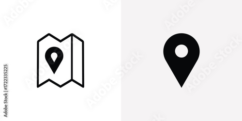 Two distinct map pin icons one folded map with a pin and a solid pin marker