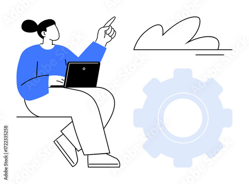 Person working on a laptop, pointing at cloud and large gear. Ideal for teamwork, technology, innovation, workflow, cloud computing, productivity communication. Simple flat metaphor