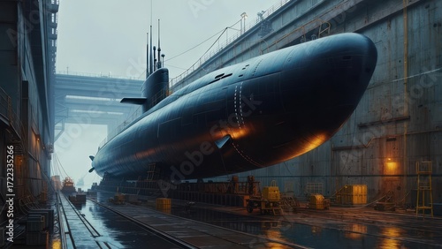 Submarine in dry dock undergoing maintenance