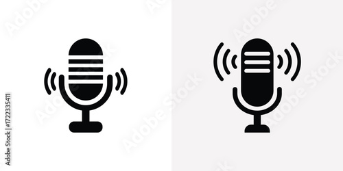Two microphone icons representing audio recording and sound waves in a minimalist design
