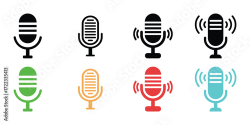 Collection of stylized microphone icons representing audio recording and broadcasting