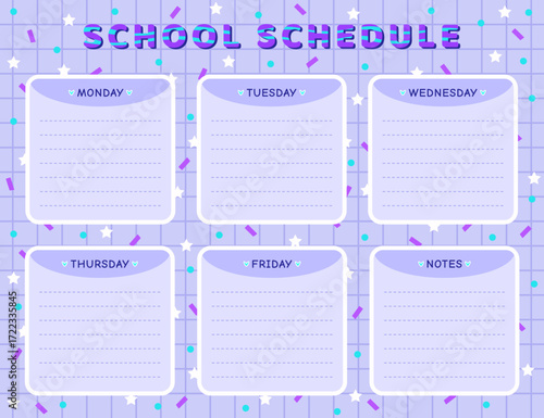 Vector school schedule template in blue colors. Timetable for schoolchildren and pupils, doodle cartoon design, back to school weekly lesson planner with checkered background and confetti