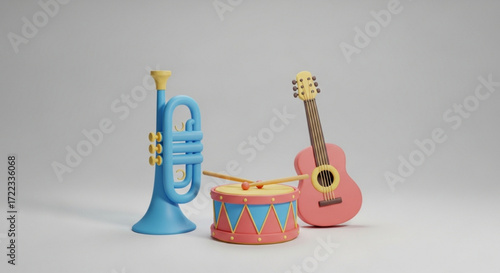 3D rendering of a blue toy trumpet, a drum with drumsticks, and a pink guitar against a neutral background.