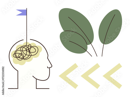 Human head with tangled brain lines, green leaves, and directional arrows symbolizing problem-solving, clarity, growth, and creativity. Ideal for mental health, focus, sustainability productivity