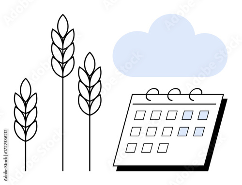 Wheat stalks beside a calendar and cloud represent farming schedules, harvest planning, weather dependency, sustainability, food supply, seasonal forecasting. Ideal for agriculture, farming