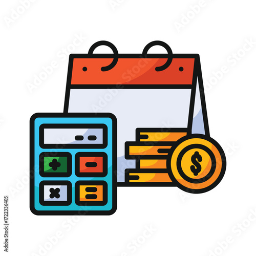 Calculator calendar and coins with dollar sign