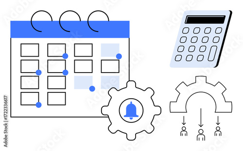 Calendar with blue highlights, calculator, gear with alert bell icon, and organizational hierarchy symbols. Ideal for time management, planning, productivity, teamwork, reminders organization