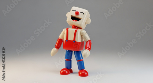 Toy figure with a smiling cube head and red and blue clothing stands against a gray background.