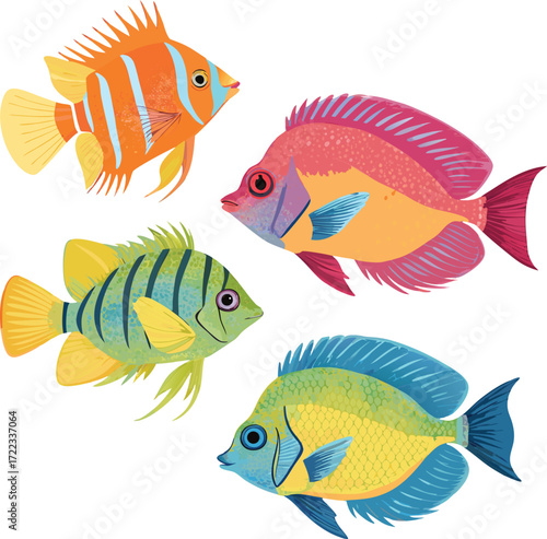 Bright tropical fish collection with neon fins, flat fill, white background