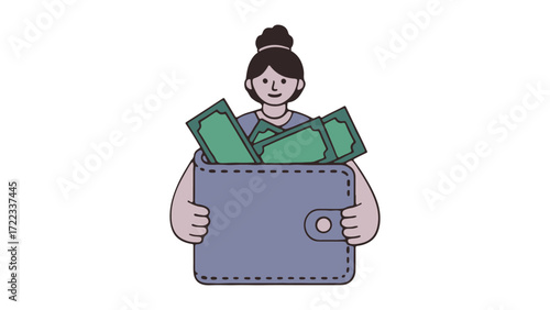 A woman holding a wallet filled with money.