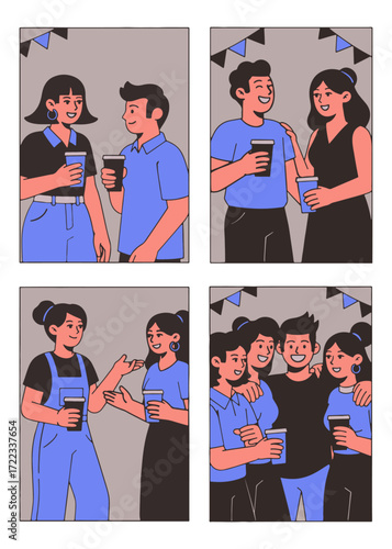 A group of friends enjoying drinks and socializing at a party, depicted in a four-panel illustration.