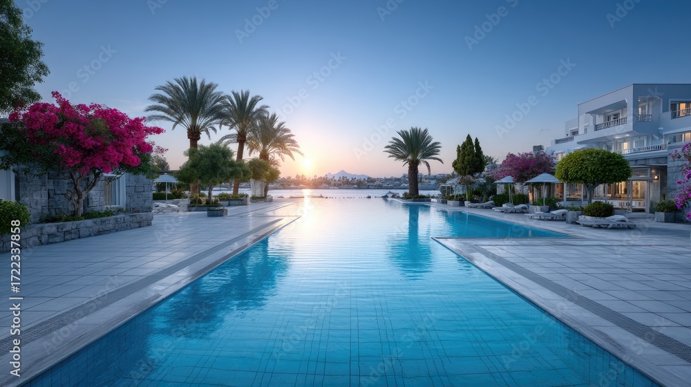 Fototapeta premium Luxury Resort Swimming Pool at Sunset with Palm Trees and Reflections on Calm Water