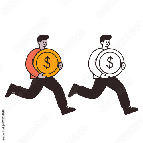 Illustration of a man running with a large coin, symbolizing financial gain or investment.