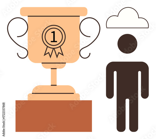 Golden trophy with curled handles and number one ribbon beside a person silhouette with a cloud overhead. Ideal for success, achievement, competition, recognition, excellence, goals, leadership