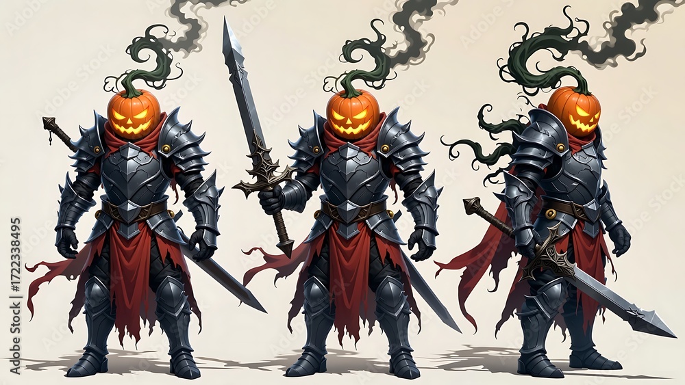 Obraz premium A Fearsome Pumpkin Head Knight in Dark Armor, Ready for a Halloween Battle