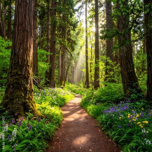 Sunlit forest path, vibrant wildflowers