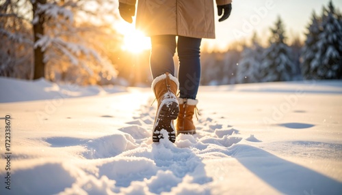 Fototapeta Naklejka Na Ścianę i Meble -  Woman Walking in Snow at Sunrise.