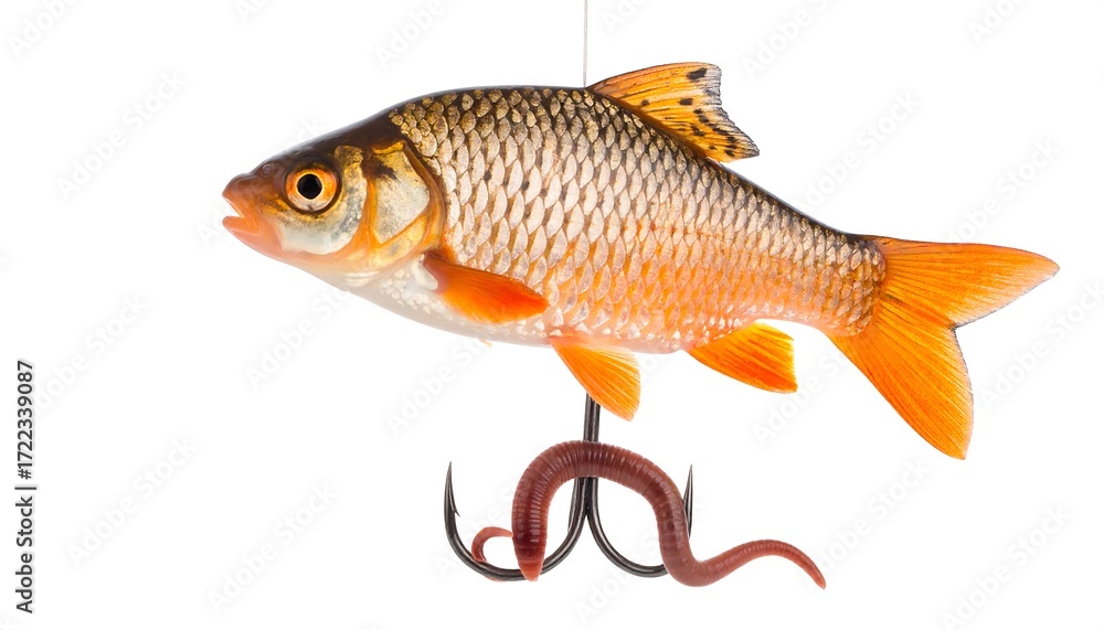 Fototapeta premium Fish Caught on Fishing Hook with Worm Bait.