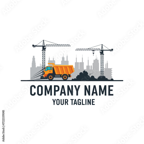 Modern flat design illustration of a construction site featuring a dump truck, tower crane, and urban skyline, perfect for a construction company logo or branding., Flat Vector Elements, Vector