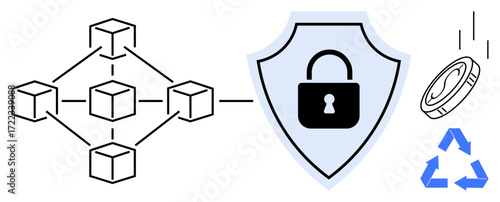 Blockchain network with interconnected nodes, padlock shield for security, coin with recycling icon. Ideal for technology, finance, sustainability, security, cryptocurrency, innovation transparency