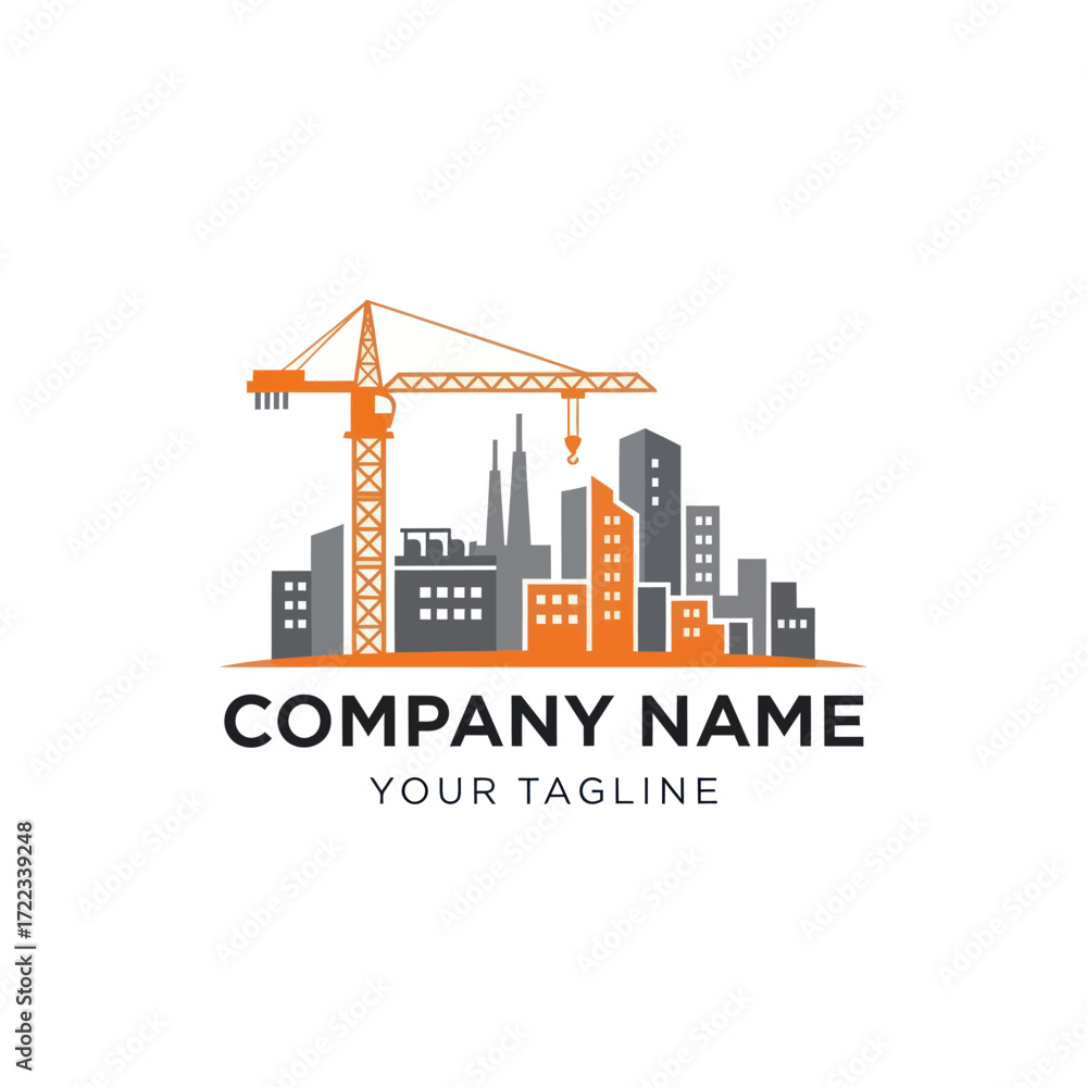 Obraz premium Modern Construction Company Logo with Crane and Cityscape Silhouette on White Background, Flat Vector Elements, Vector Illustration, Simple Vector, Stylized Vector Drawing, Vector Template, Clean