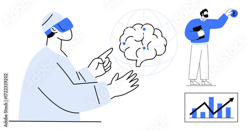 Man in VR headset interacting with AI brain, professional analyzing data and innovation, and performance graph. Ideal for technology, AI, VR, data analysis, innovation automation learning. A simple