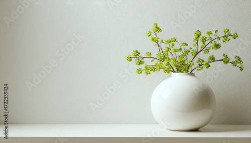 A simple arrangement of bright green spring branches in a round, white vase sits on a white shelf against a light grey wall