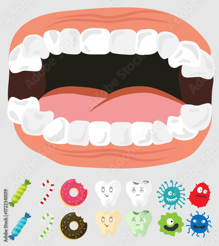 Vector illustration of a mouth with tooth and elements of health concept
