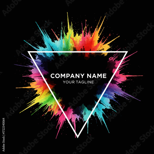 Vibrant Rainbow Paint Splatter Design with White Triangle Frame and Placeholder Text for Creative Branding Identity, Flat Vector Elements, Vector Illustration, Simple Vector, Stylized Vector Drawing,