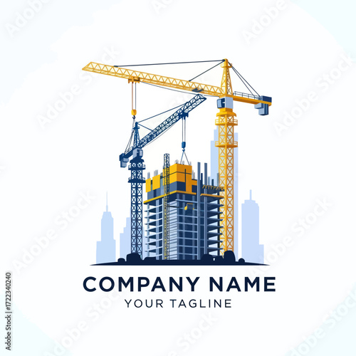Dynamic Illustration of a City Construction Site with Tower Cranes and Rising Skyscrapers, representing Urban Development and Engineering Progress, Flat Vector Elements, Vector Illustration, Simple